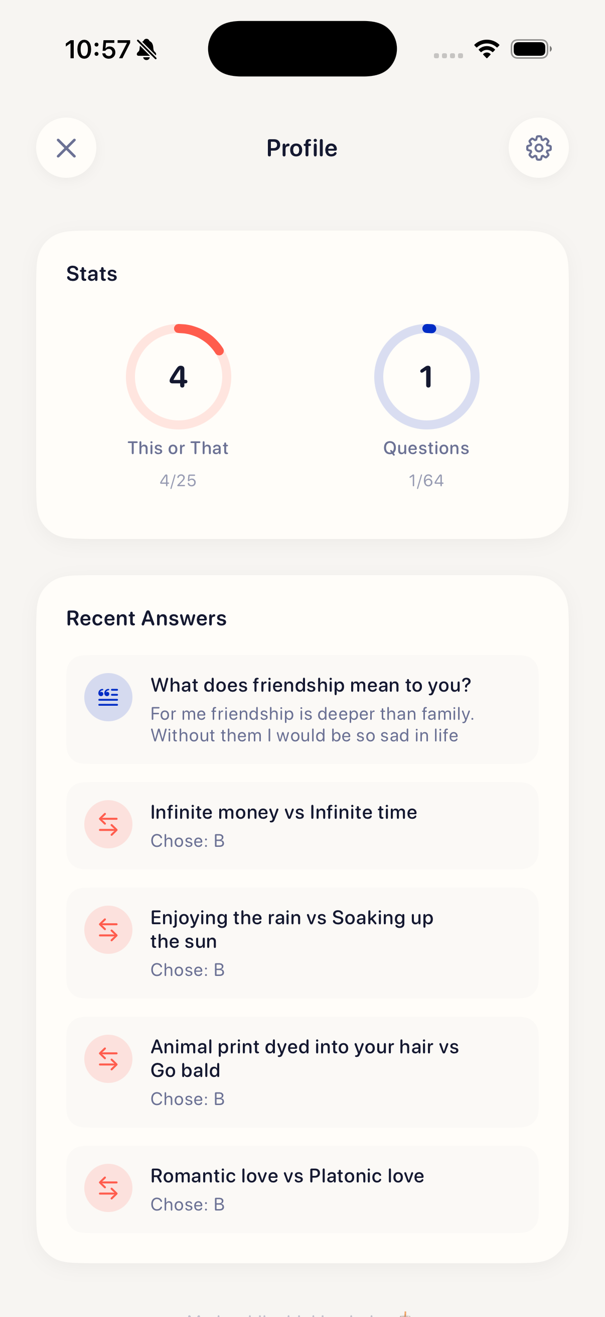 Profile with stats and recent answers